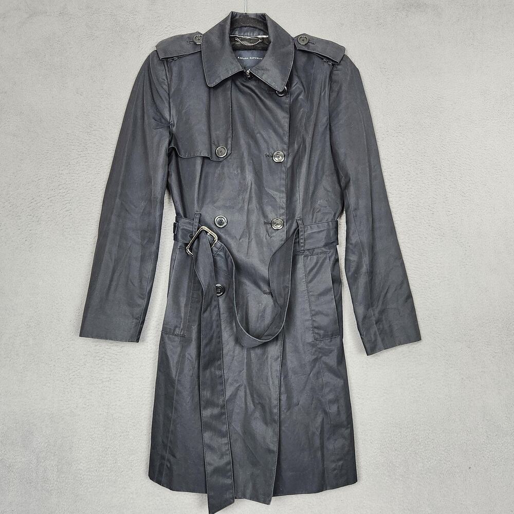 Banana Republic Coat Womens Small Black Belted Cotton Trench Lined Mid Length